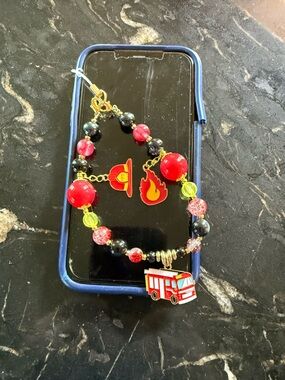 Firefighter Charm Beaded Phone Charm- Red, Black, Yellow